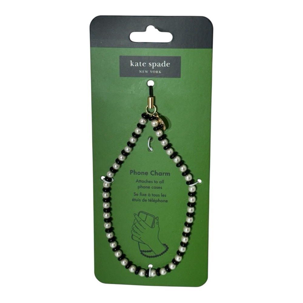 Kate Spade New York Pearl Phone Charm – Black & Ivory Beaded Wristlet – NWT